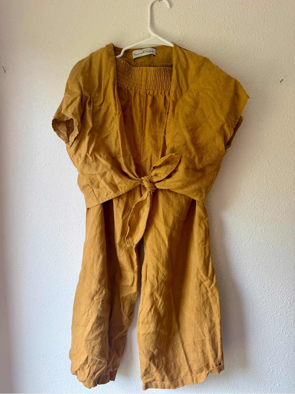 Love and Confuse Mustard Tie-Front Women's Two Piece Linen Set
